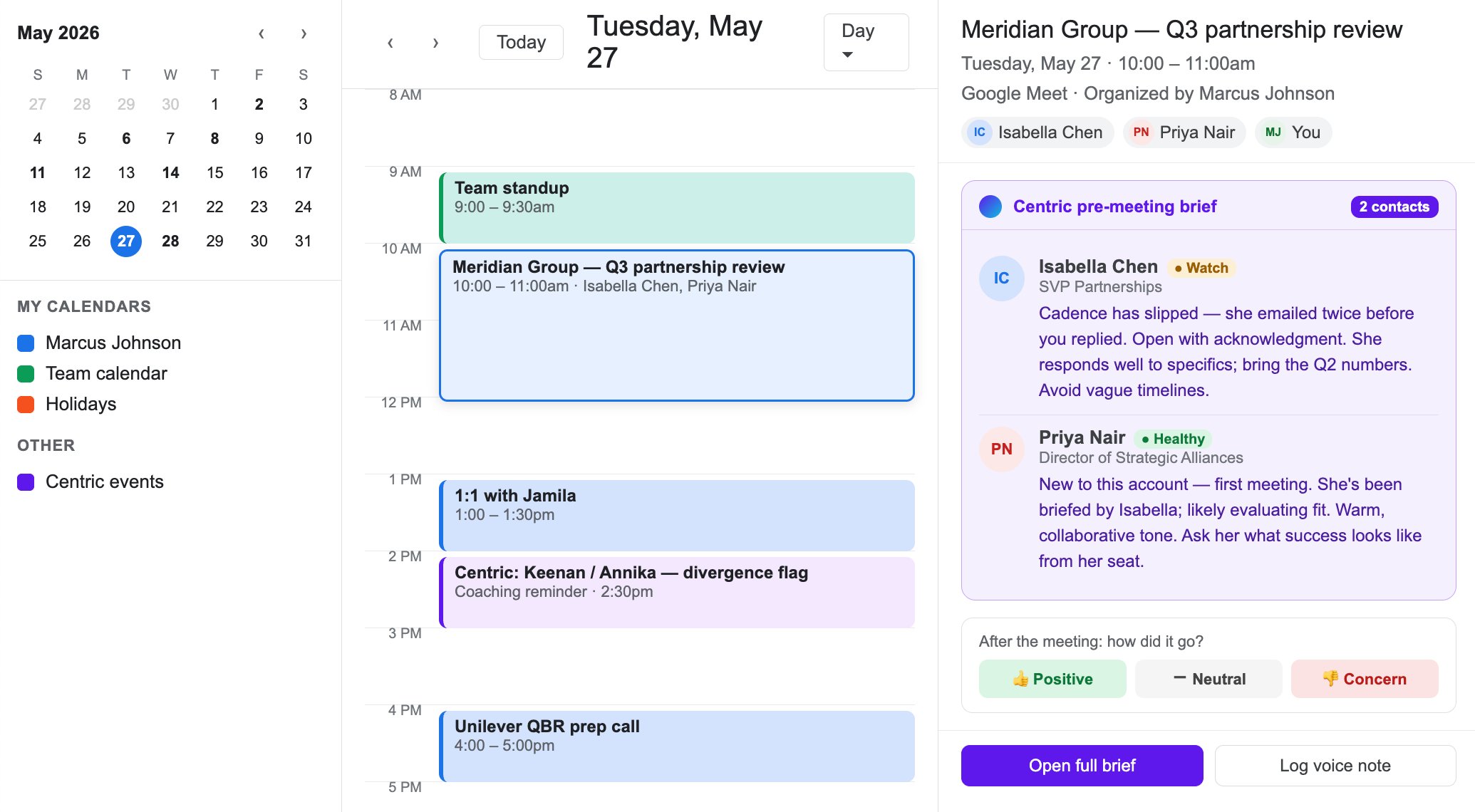 Centric pre-meeting brief inside a Google Calendar event
