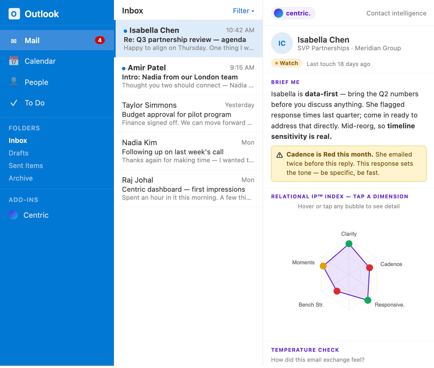 Centric contact intelligence panel inside Outlook